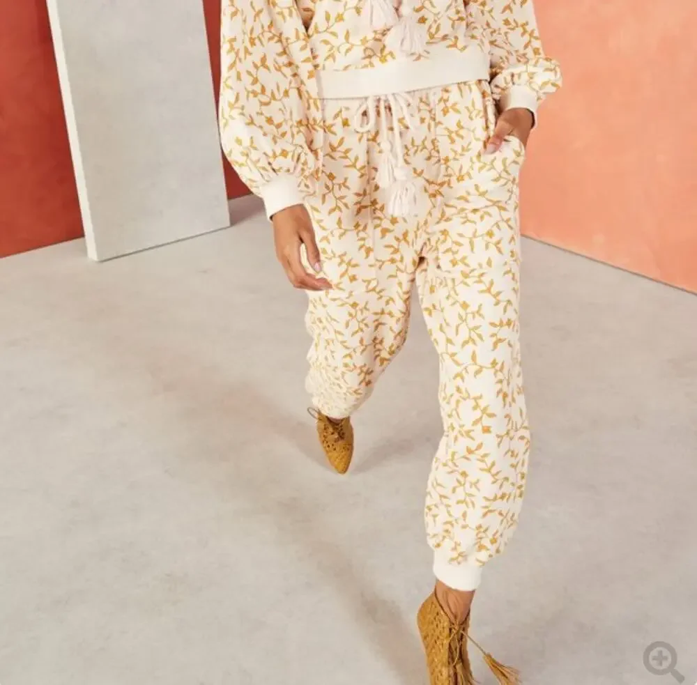 ULLA JOHNSON Cream Brown Drawstring Waist Floral Rose Charley Pant Size L NEW